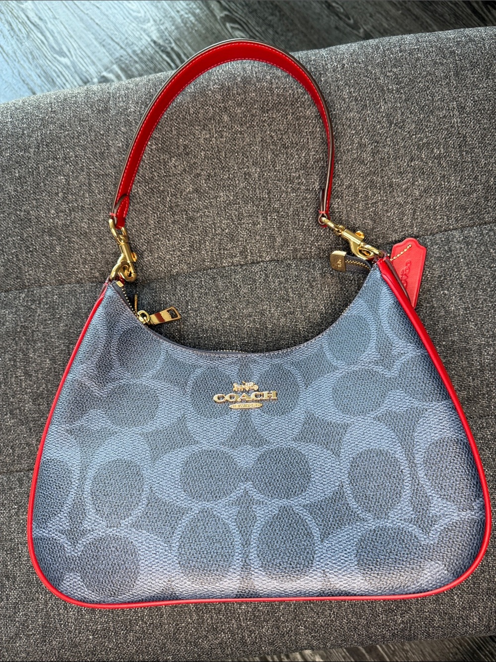 Coach Blue Signature Canvas Shoulder Bag with Red Trim